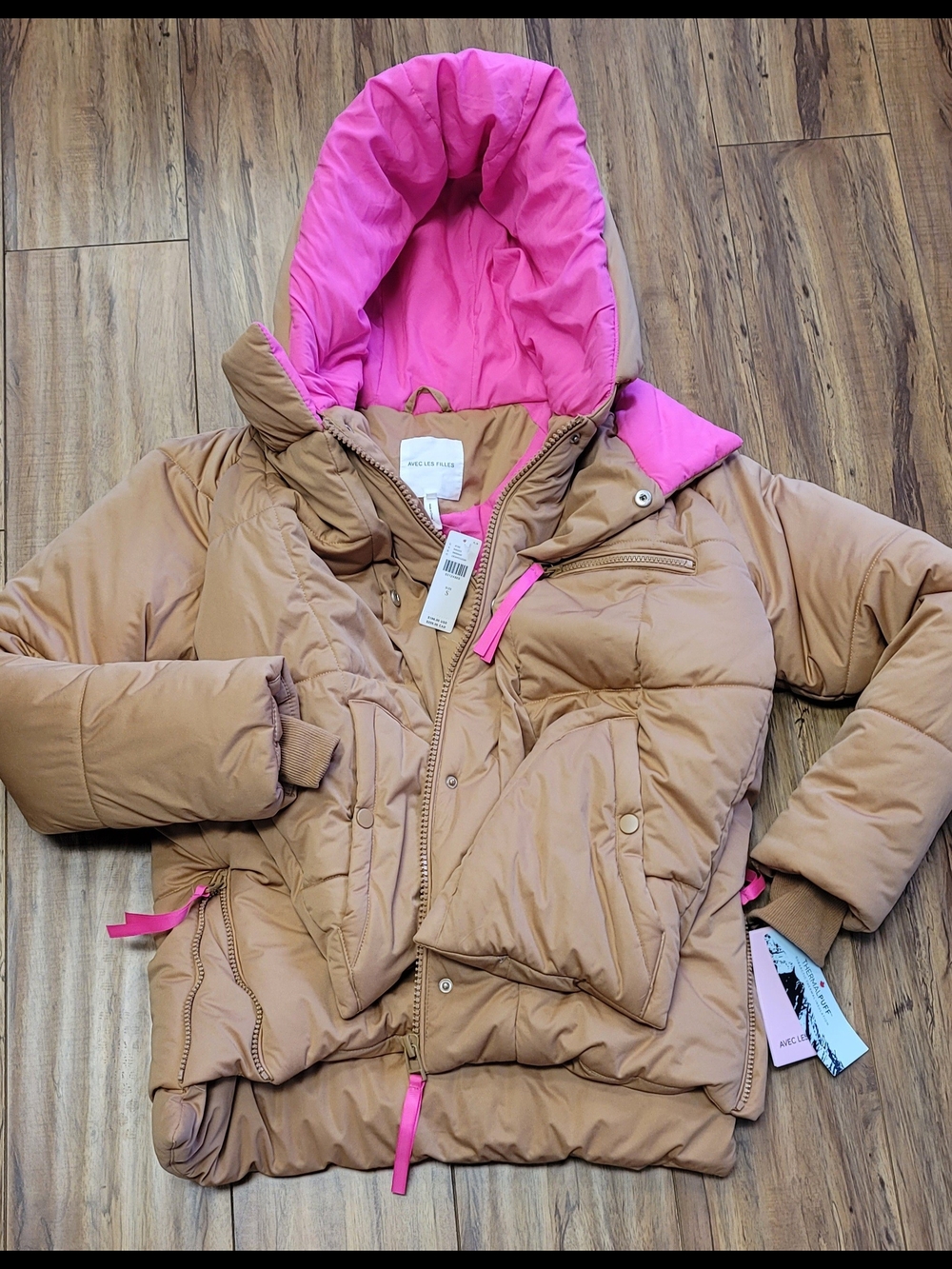 Avec Les Filles Tan Puffer Jacket with Pink Lining and Hood